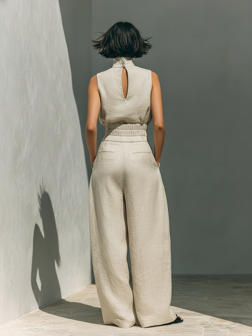 Aurora | Set coordinato beige rilassato senza maniche con pantaloni a palazzo