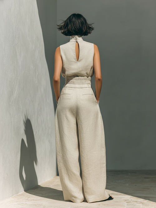 Aurora | Set coordinato beige rilassato senza maniche con pantaloni a palazzo