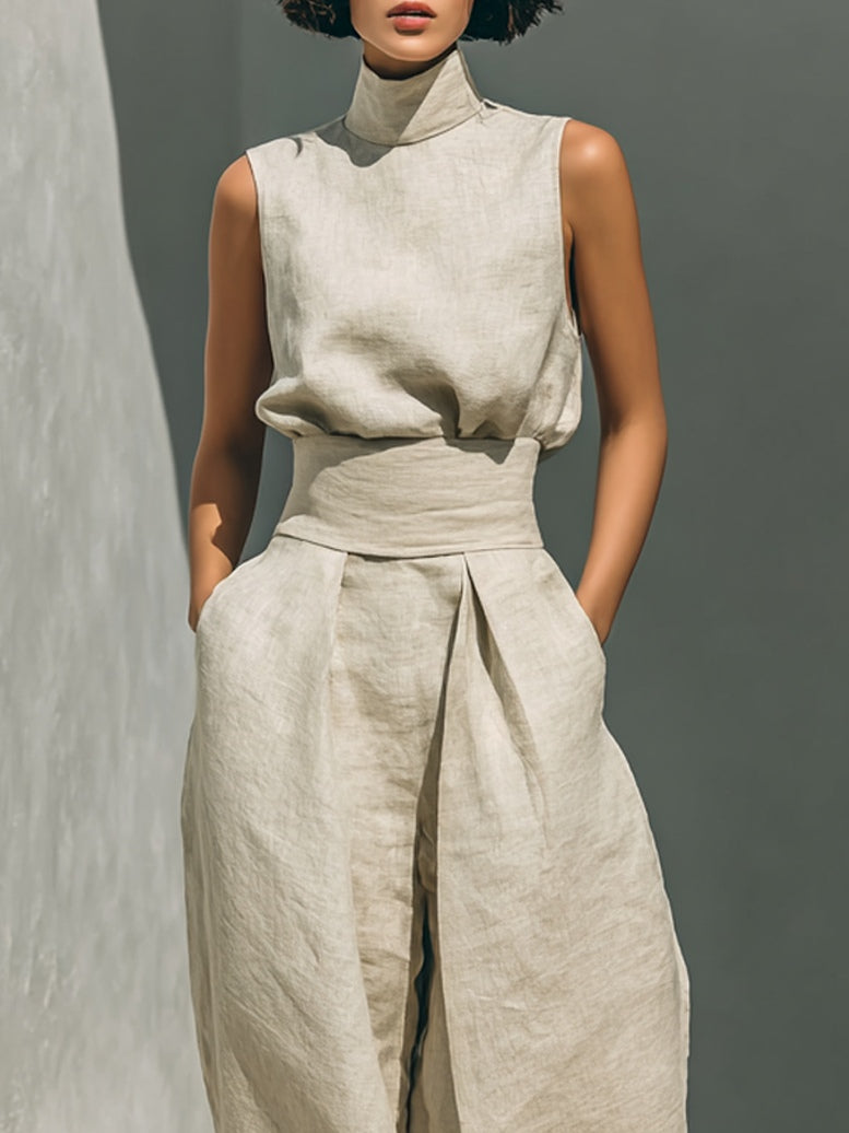 Aurora | Set coordinato beige rilassato senza maniche con pantaloni a palazzo