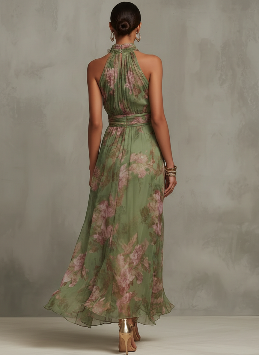 Serena — Elegante abito lungo in chiffon floreale con scollo a halter