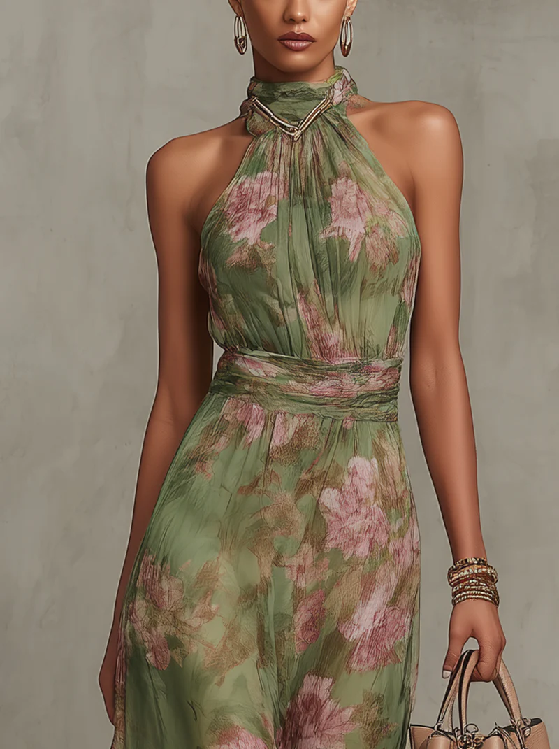 Serena — Elegante abito lungo in chiffon floreale con scollo a halter