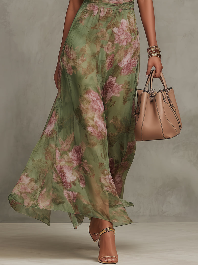 Serena — Elegante abito lungo in chiffon floreale con scollo a halter
