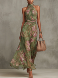 Serena — Elegante abito lungo in chiffon floreale con scollo a halter