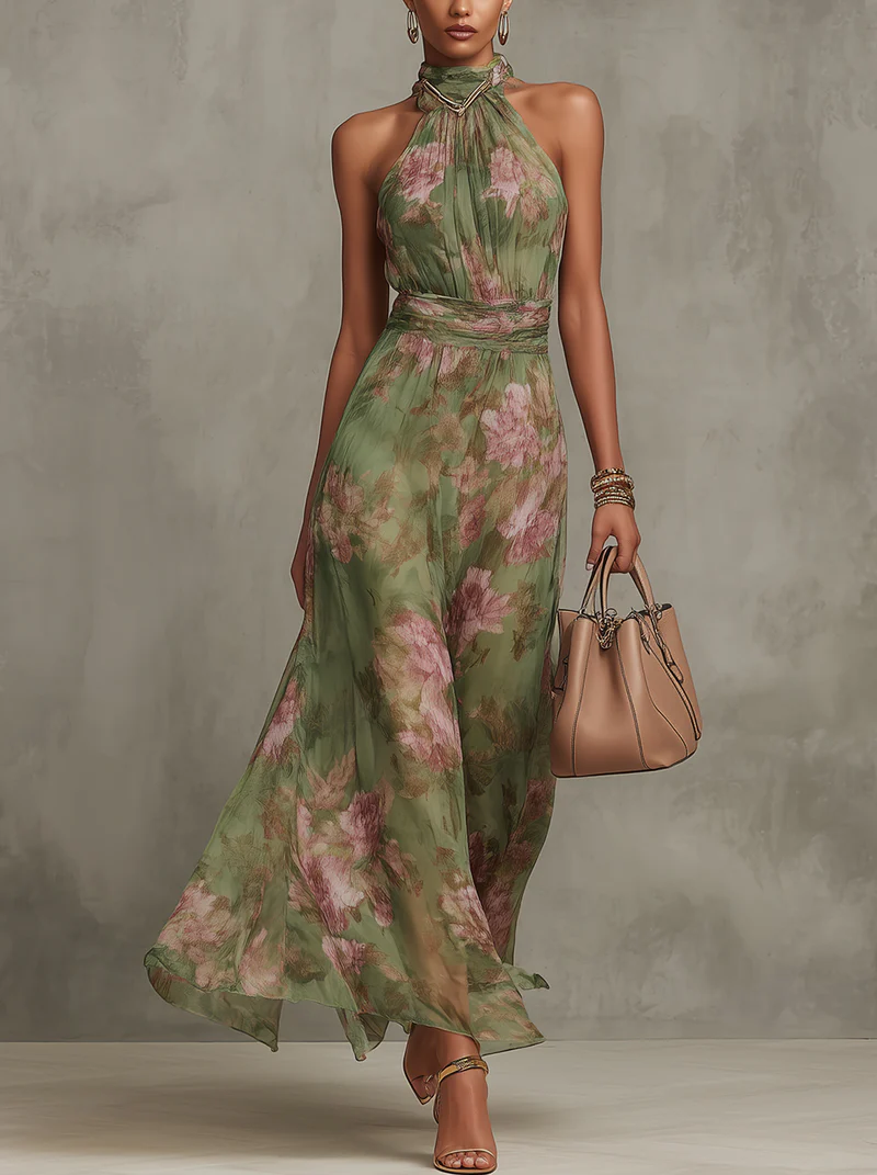 Serena — Elegante abito lungo in chiffon floreale con scollo a halter