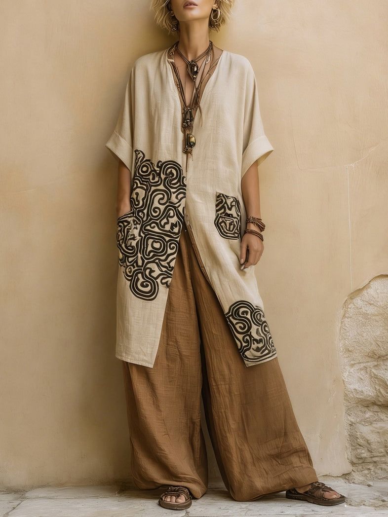 Giulia - Set da tre pezzi bohemien nomade in grigio scuro e marrone con motivo tribale