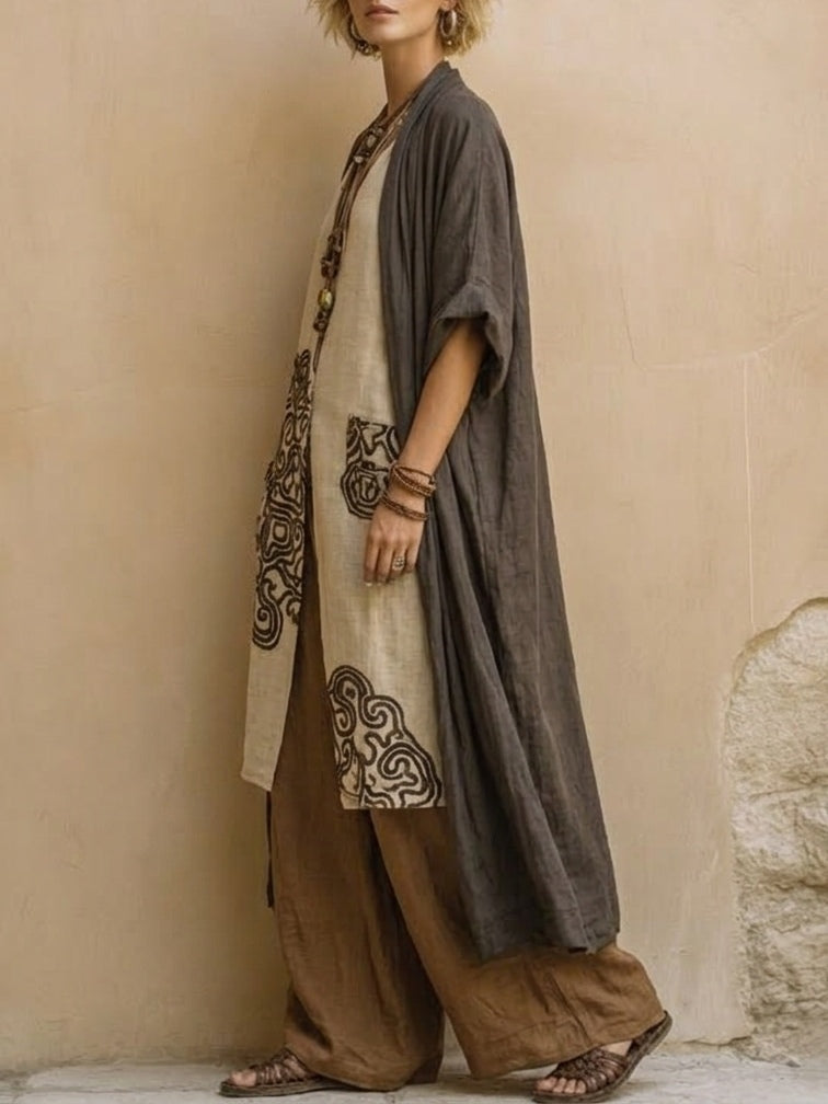 Giulia - Set da tre pezzi bohemien nomade in grigio scuro e marrone con motivo tribale