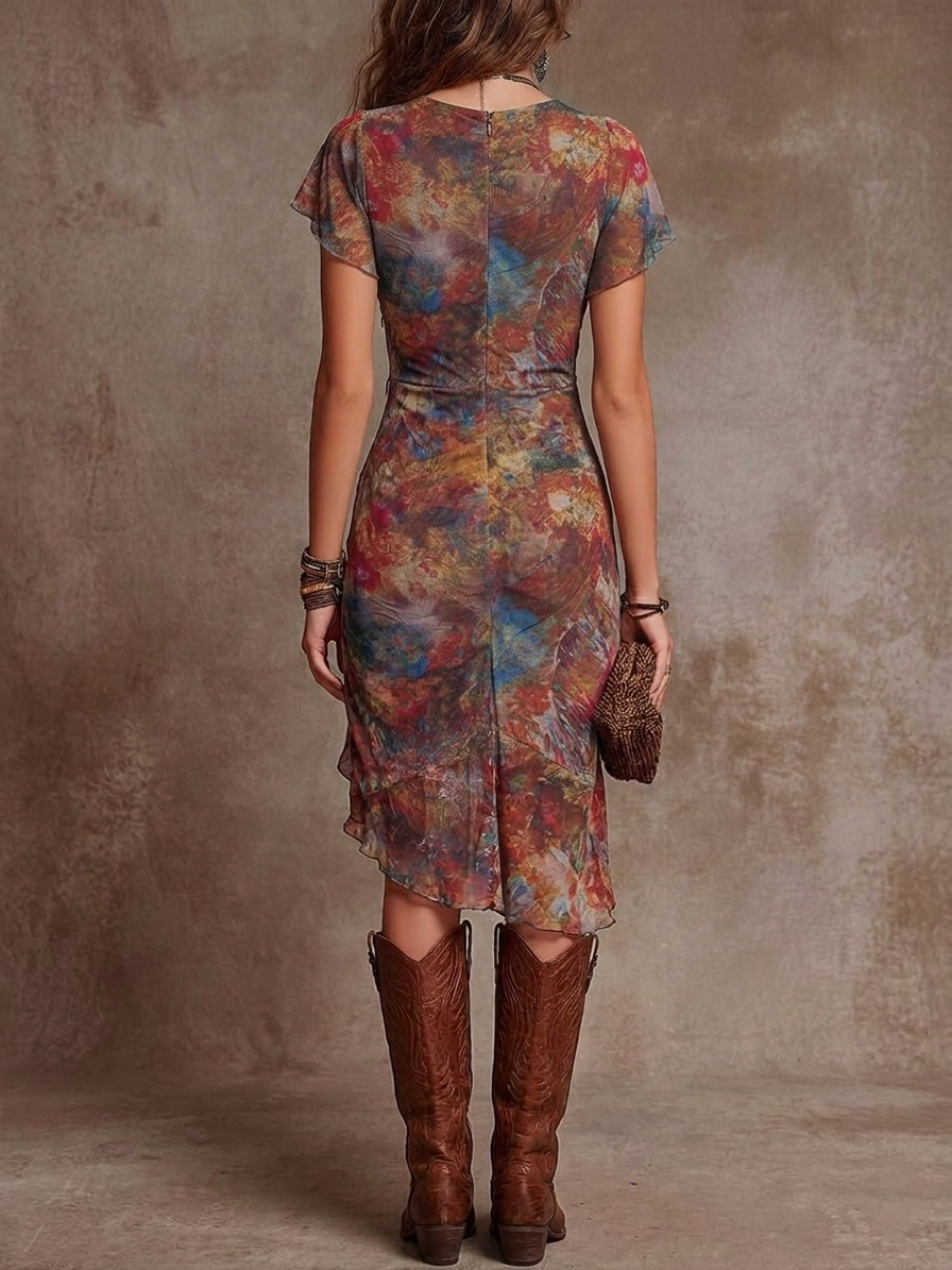 Martina - Abito midi plissettato con scollo a V, stampa d'arte astratta in stile bohemiano