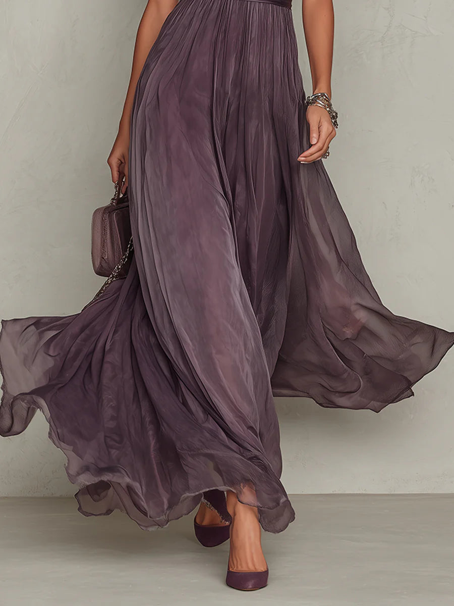 Abito lungo in chiffon viola con scollatura a chiave e bordo in pizzo