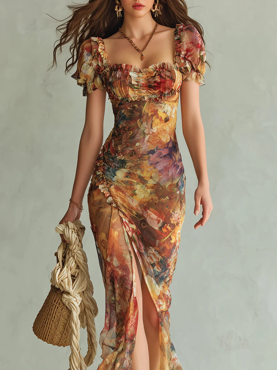 Viola | Abito lungo in chiffon arancione con stampa ispirata a dipinti ad olio in stile bohemien