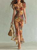Viola | Abito lungo in chiffon arancione con stampa ispirata a dipinti ad olio in stile bohemien