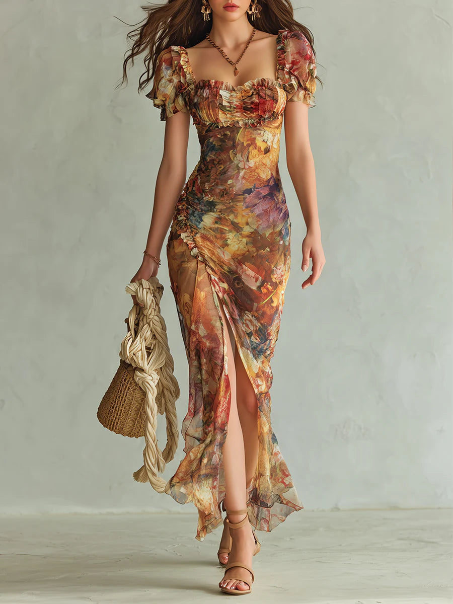 Vestito lungo in chiffon arancione con stampa pittorica a olio in stile bohemiano per le vacanze