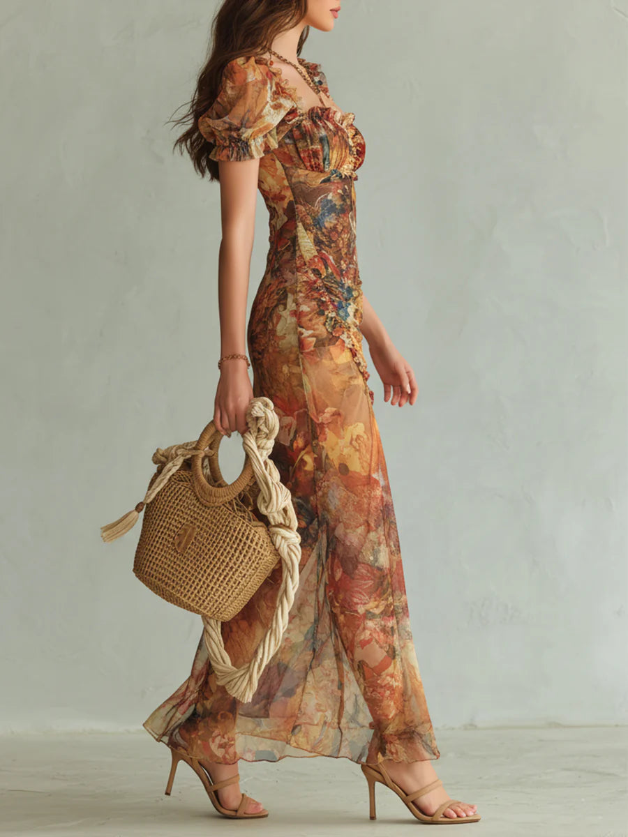 Viola | Abito lungo in chiffon arancione con stampa ispirata a dipinti ad olio in stile bohemien