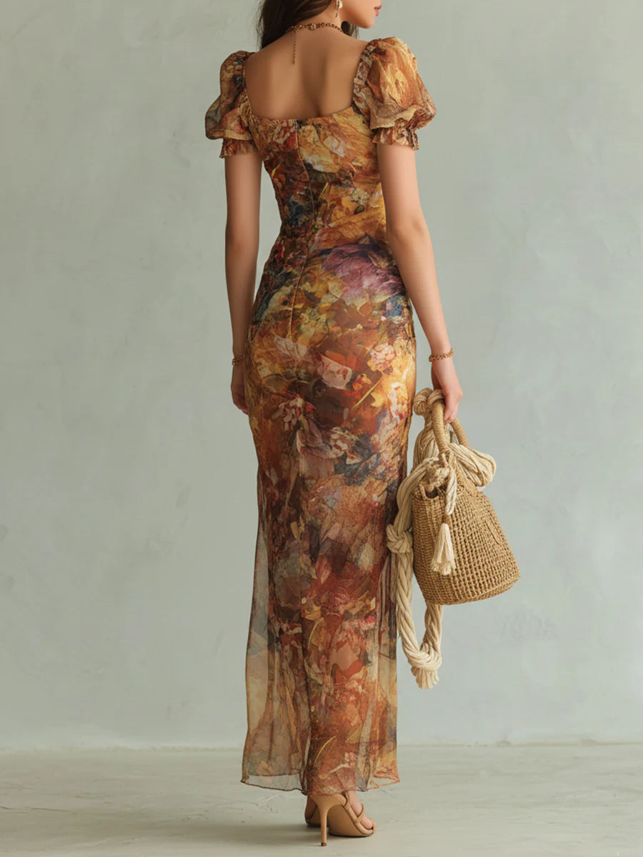 Viola | Abito lungo in chiffon arancione con stampa ispirata a dipinti ad olio in stile bohemien