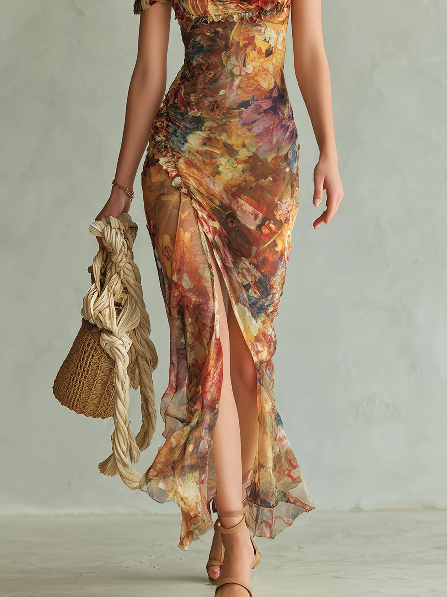 Viola | Abito lungo in chiffon arancione con stampa ispirata a dipinti ad olio in stile bohemien