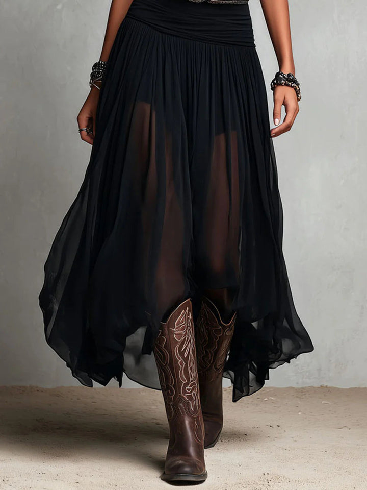 Canotta nera senza maniche con gonna di tulle, abito lungo maxi (con cintura)