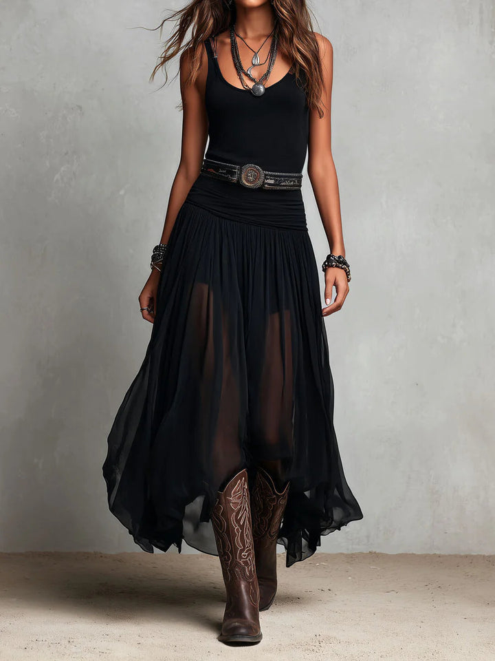 Canotta nera senza maniche con gonna di tulle, abito lungo maxi (con cintura)
