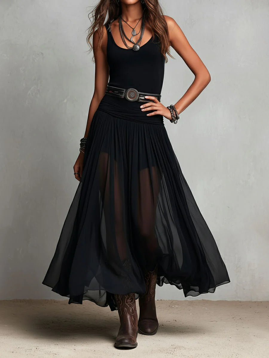 Canotta nera senza maniche con gonna di tulle, abito lungo maxi (con cintura)