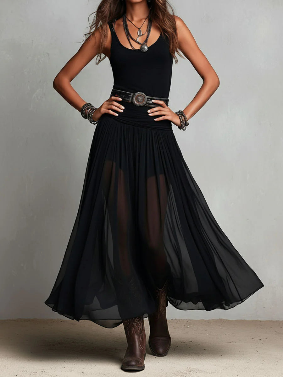 Canotta nera senza maniche con gonna di tulle, abito lungo maxi (con cintura)