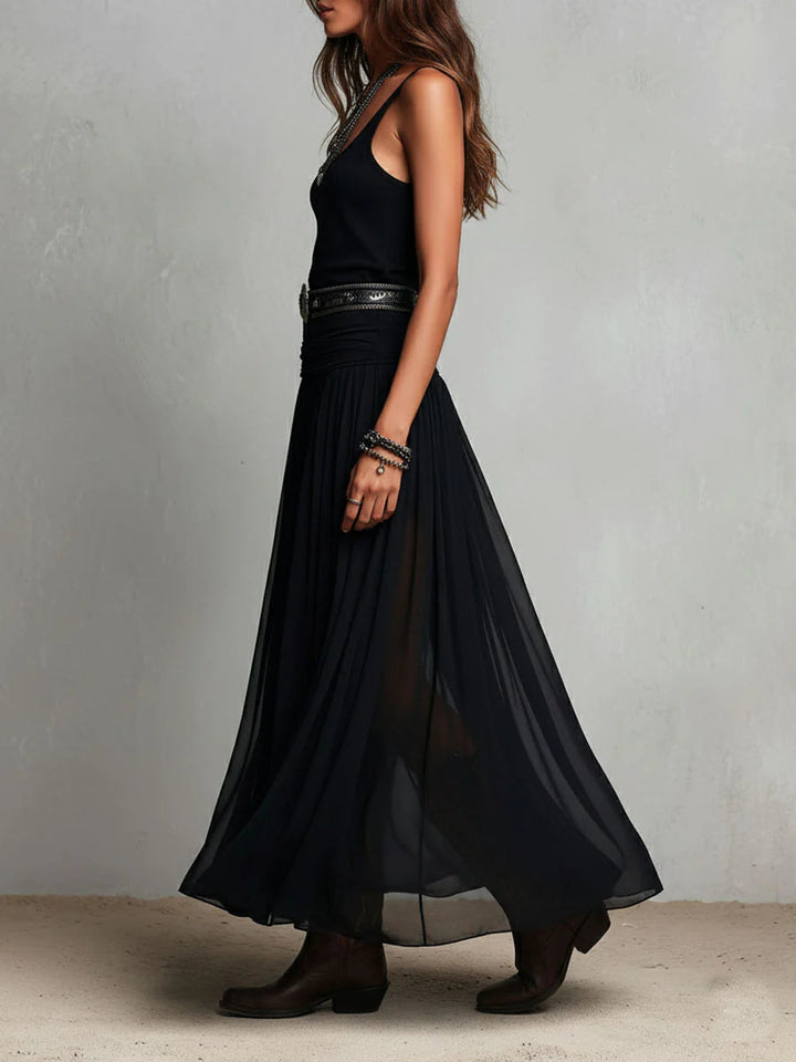 Canotta nera senza maniche con gonna di tulle, abito lungo maxi (con cintura)