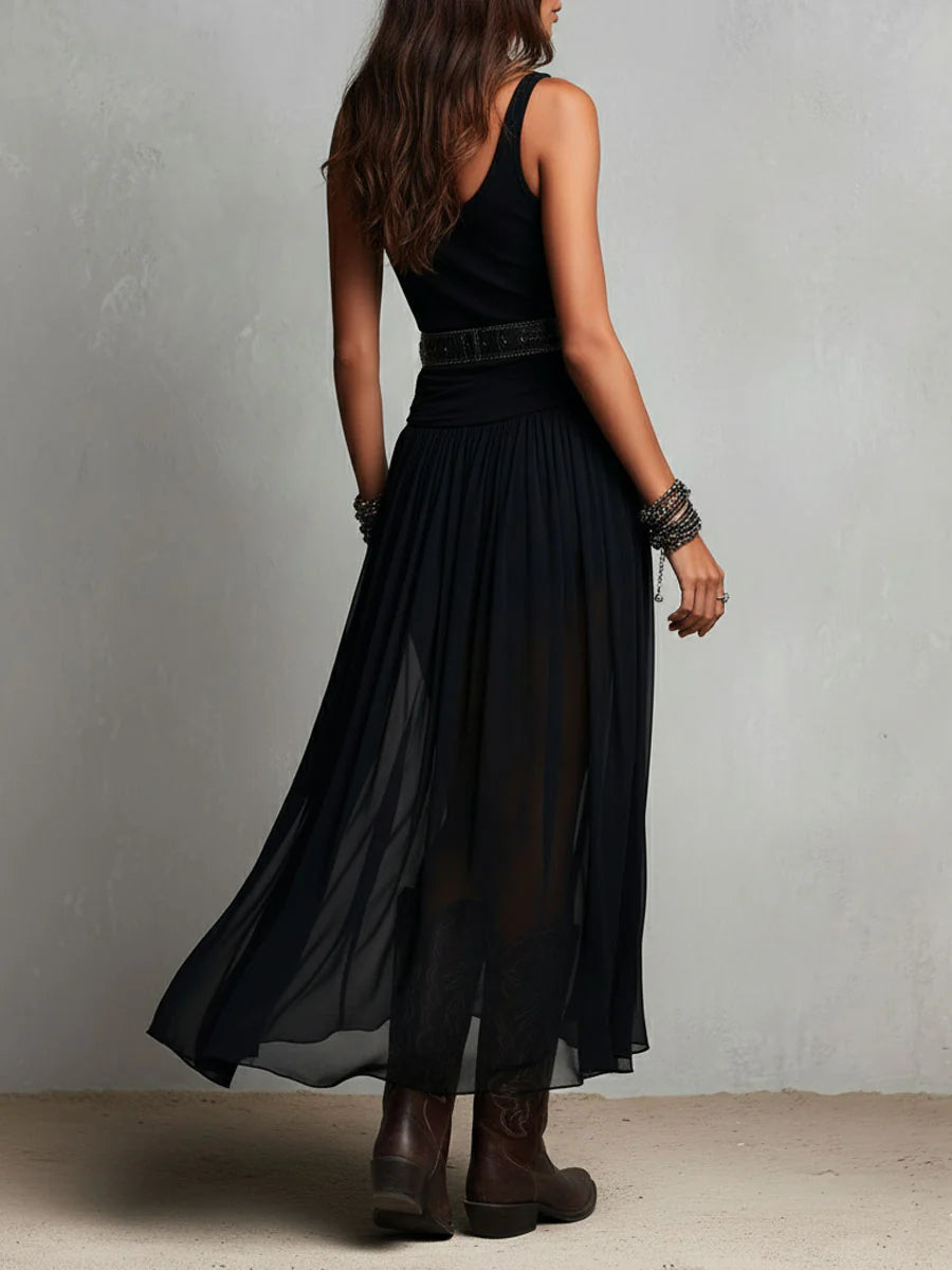 Canotta nera senza maniche con gonna di tulle, abito lungo maxi (con cintura)