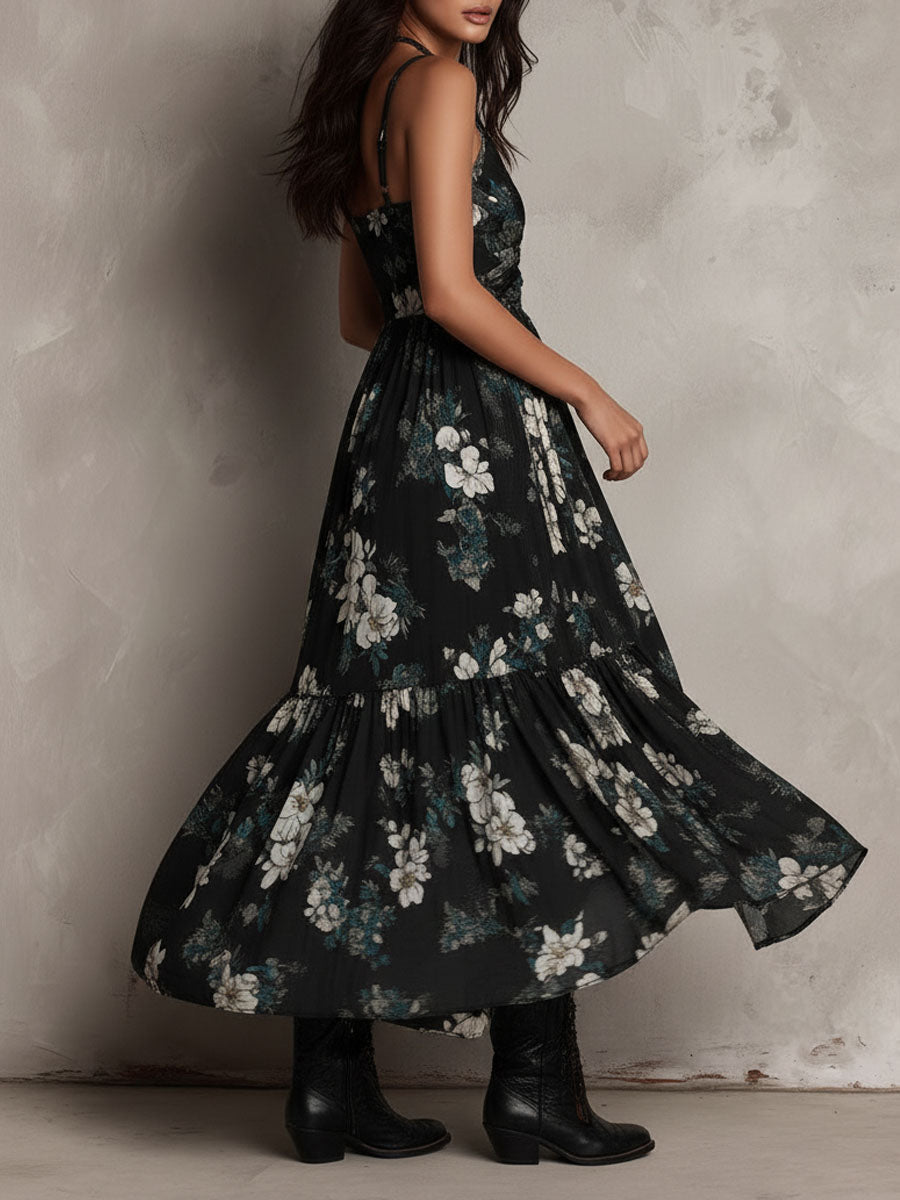 Abito lungo nero con stampa floreale bohemien, senza spalline, orlo irregolare