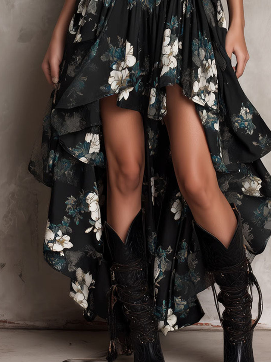 Abito lungo nero con stampa floreale bohemien, senza spalline, orlo irregolare