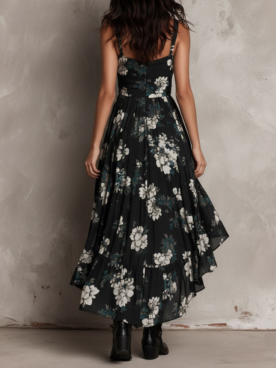 Abito lungo nero con stampa floreale bohemien, senza spalline, orlo irregolare