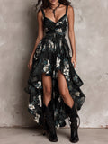 Abito lungo nero con stampa floreale bohemien, senza spalline, orlo irregolare