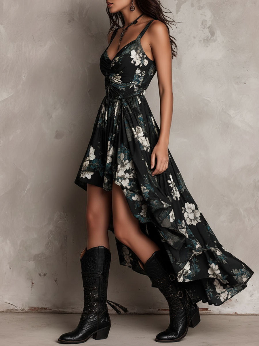 Abito lungo nero con stampa floreale bohemien, senza spalline, orlo irregolare