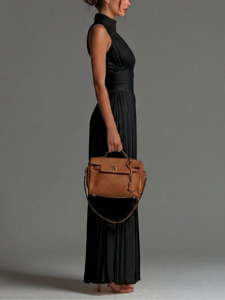 Tuta in chiffon nera con scollo a V, senza maniche, zip frontale, a pieghe, pantaloni palazzo