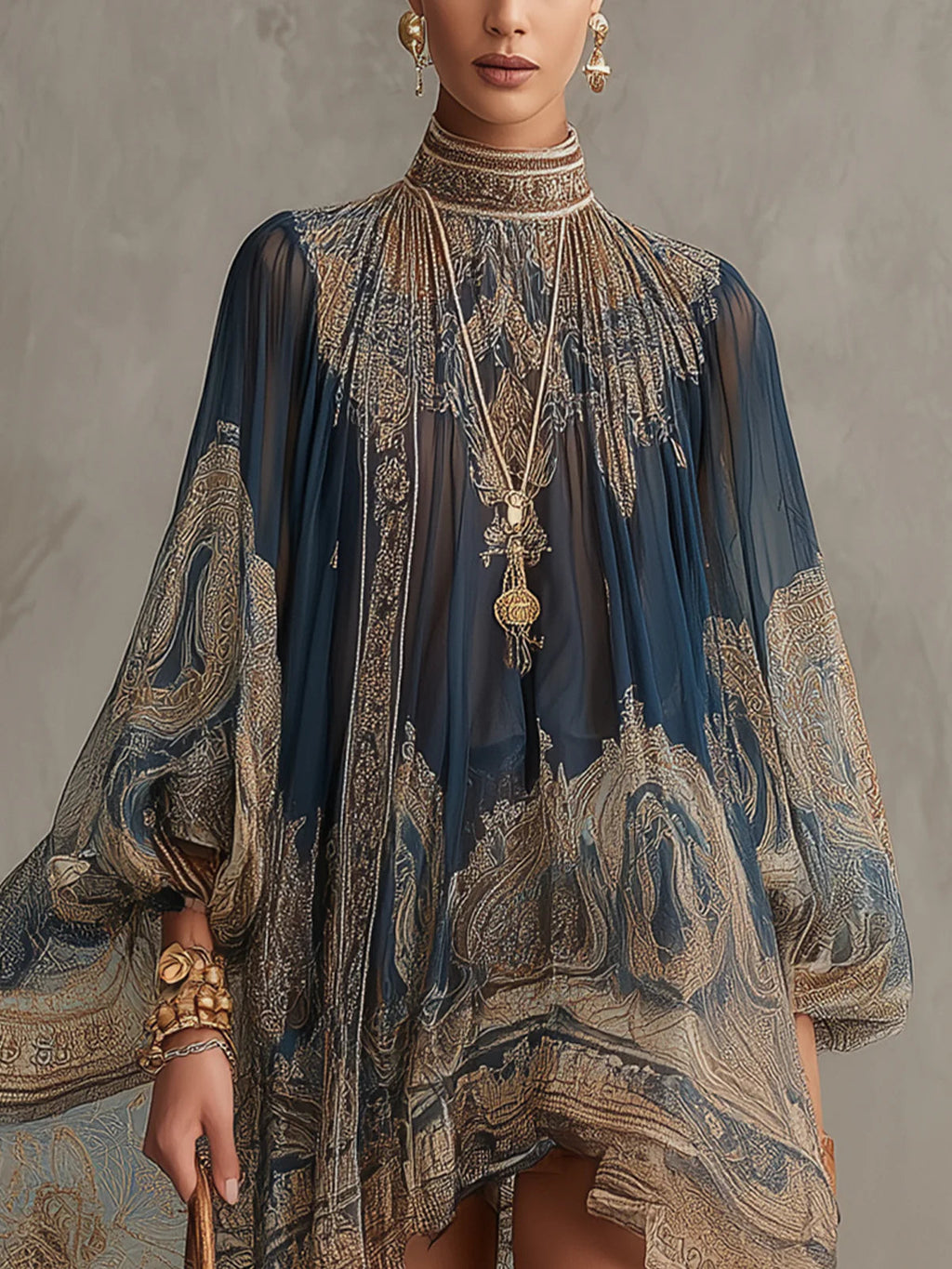 Abito corto in chiffon blu navy con stampa barocca, collo alto e taglio irregolare