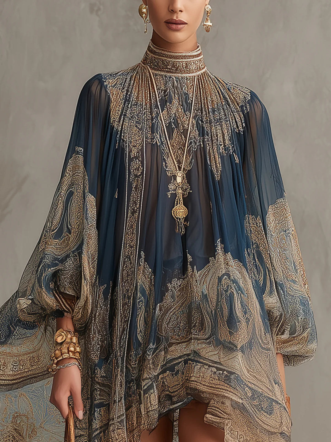 Abito corto in chiffon blu navy con stampa barocca, collo alto e taglio irregolare