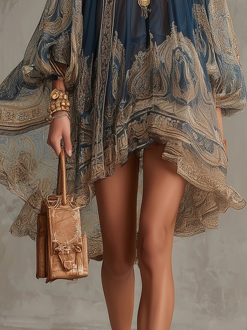 Abito corto in chiffon blu navy con stampa barocca, collo alto e taglio irregolare