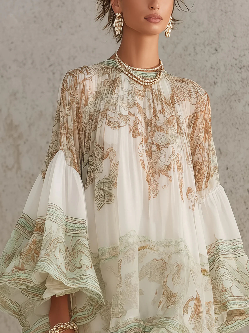 Vestito corto in chiffon con stampa verde, orlo a volant e maniche a volant
