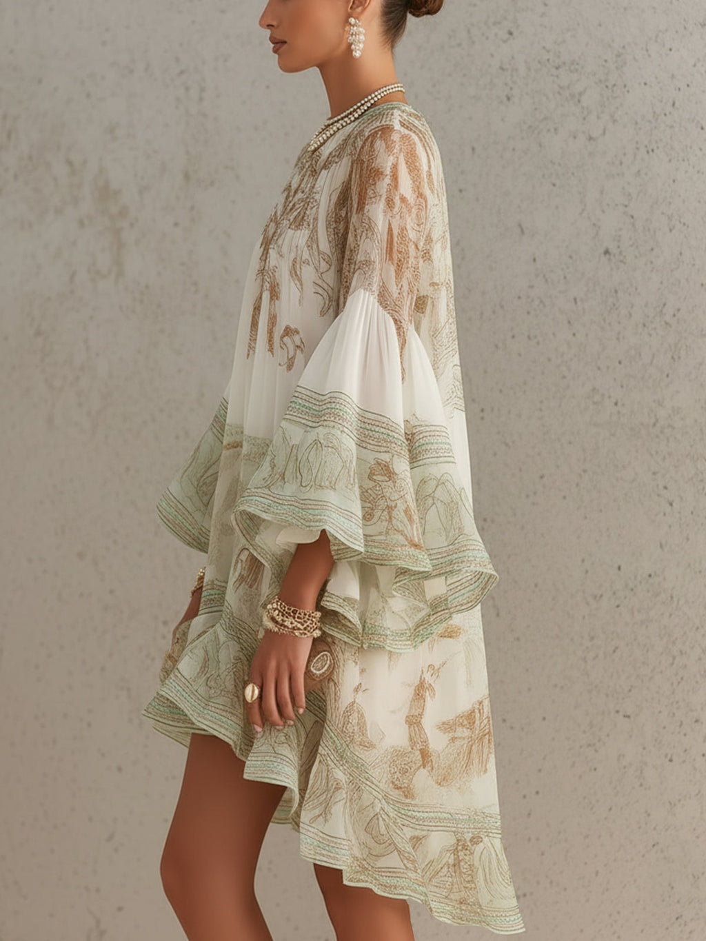 Vestito corto in chiffon con stampa verde, orlo a volant e maniche a volant