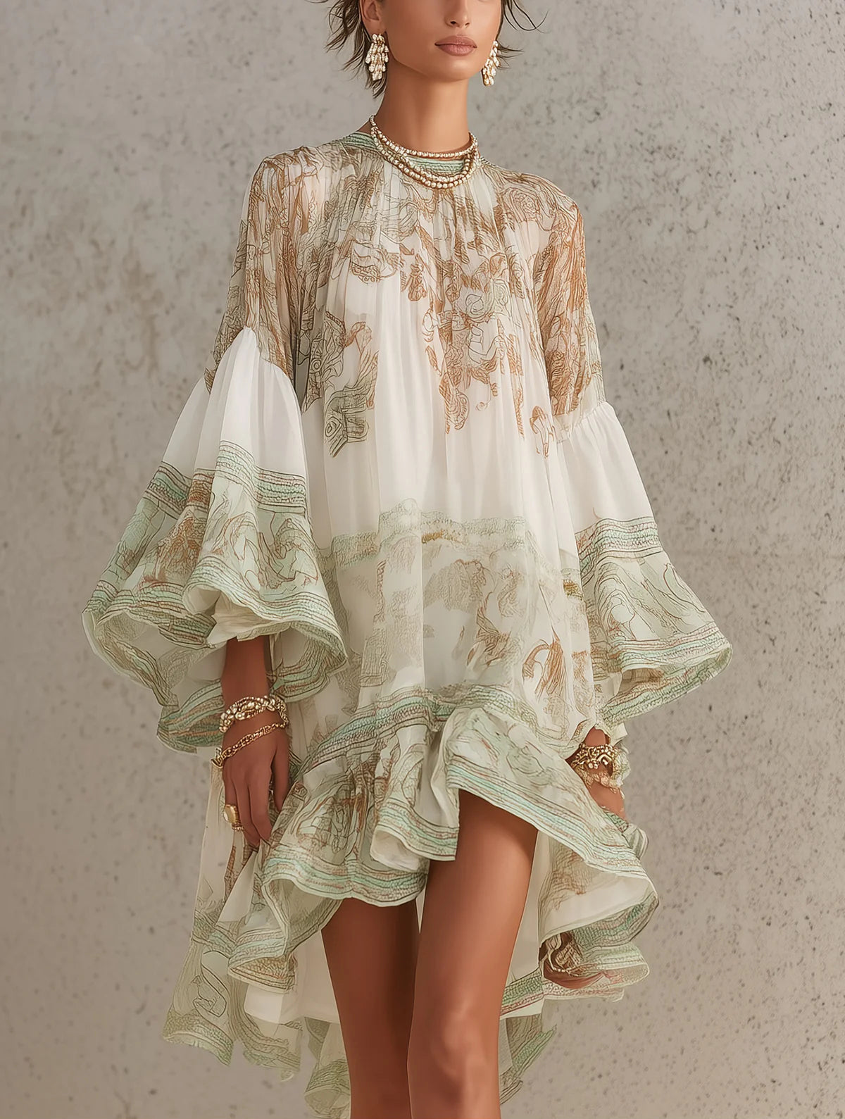Vestito corto in chiffon con stampa verde, orlo a volant e maniche a volant