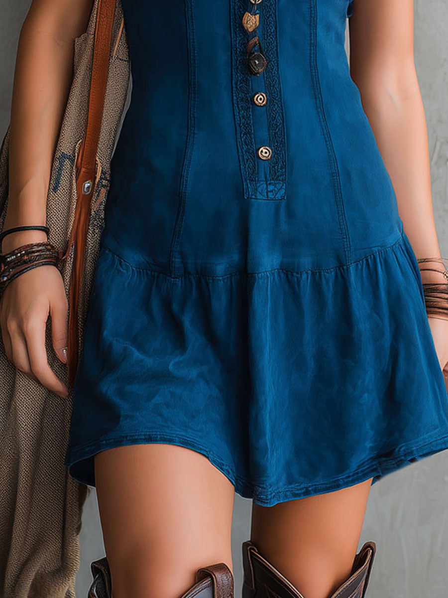 Vestito mini bohemiano indaco senza maniche con scollo a V e chiusura a bottoni frontali