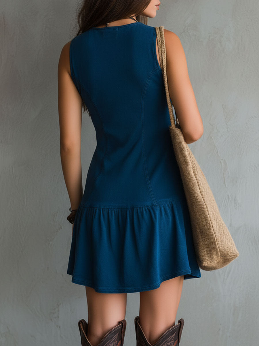 Vestito mini bohemiano indaco senza maniche con scollo a V e chiusura a bottoni frontali
