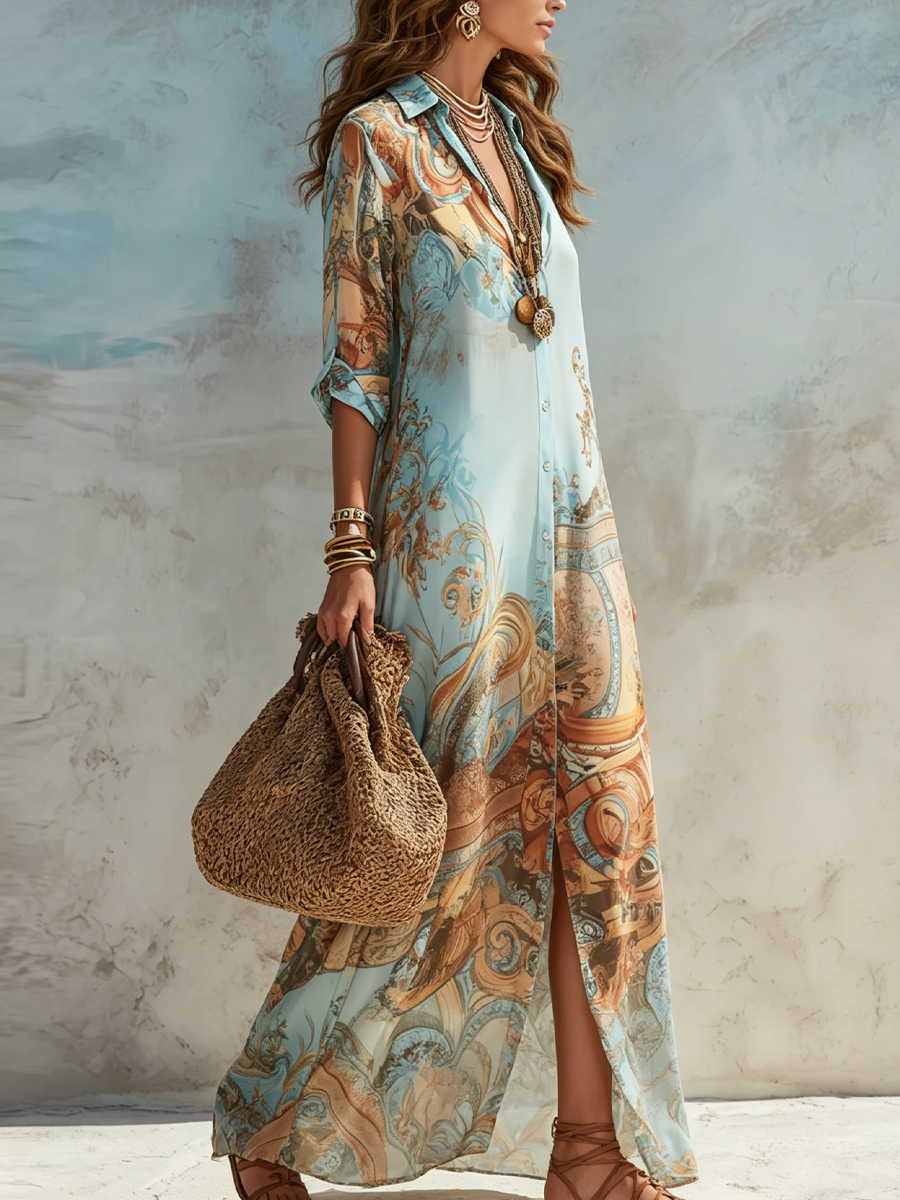 Abito lungo chemisier con stampa floreale blu