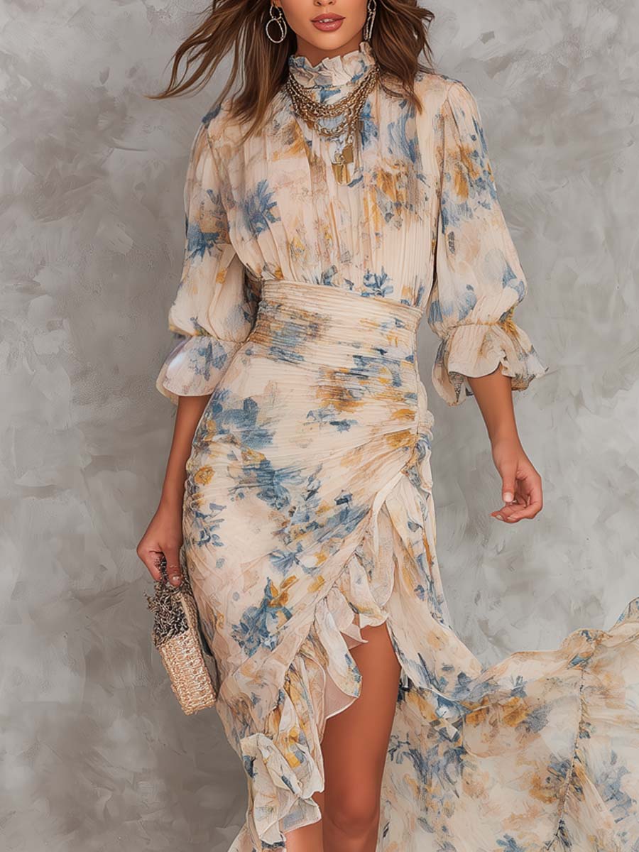Vestito maxi in chiffon beige con collo alto, stampa floreale in stile pittura a olio, taglio irregolare