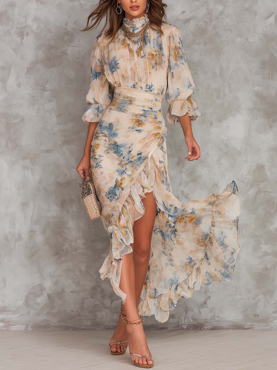 Vestito maxi in chiffon beige con collo alto, stampa floreale in stile pittura a olio, taglio irregolare