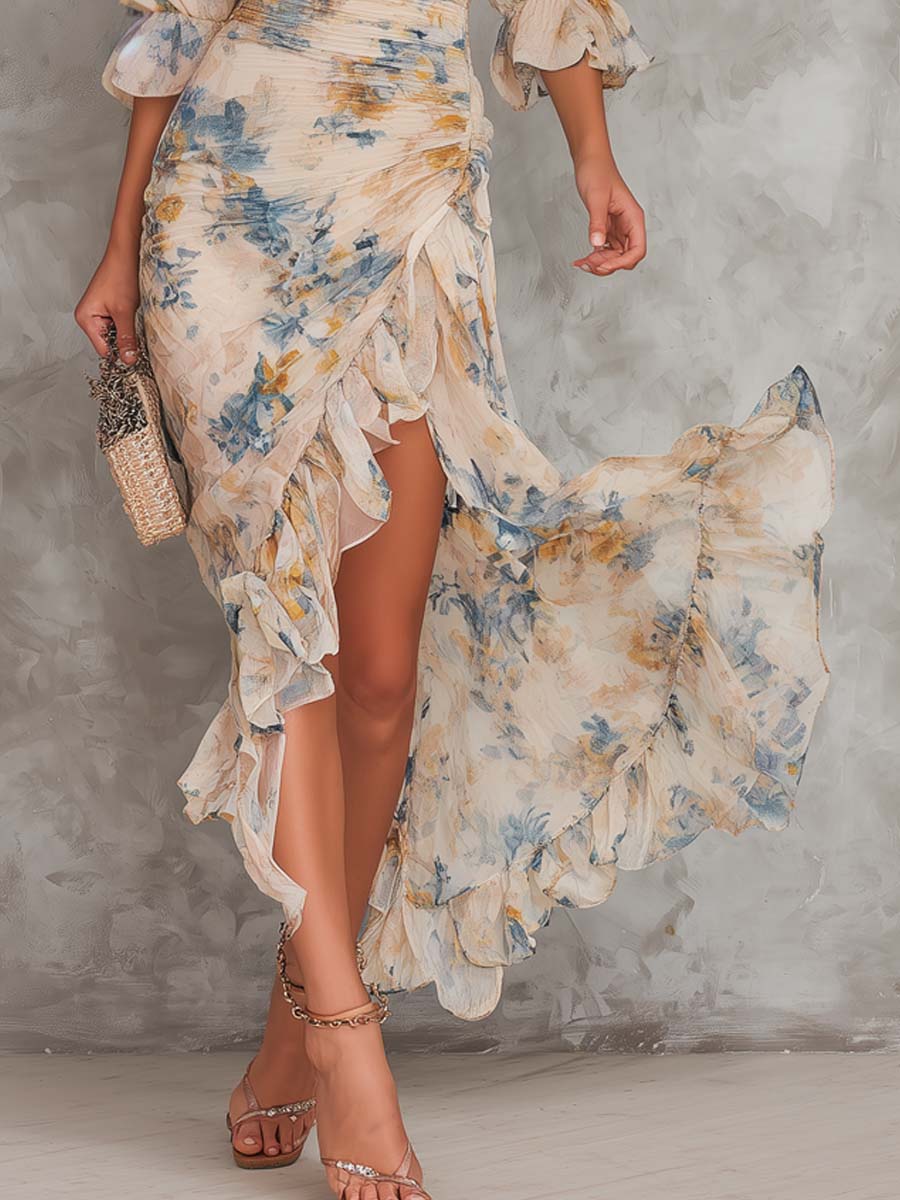 Vestito maxi in chiffon beige con collo alto, stampa floreale in stile pittura a olio, taglio irregolare