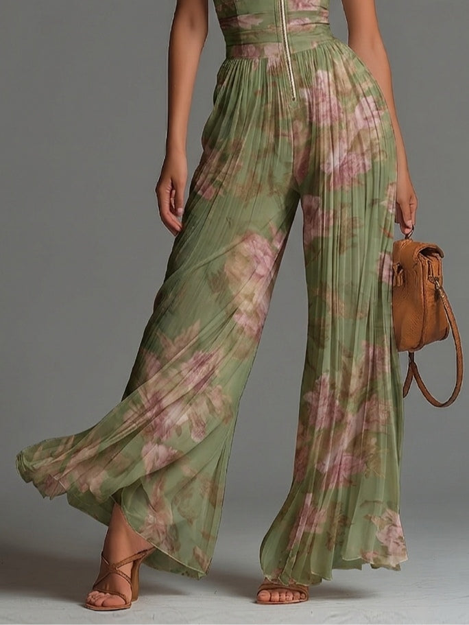 Tuta in chiffon verde con stampa floreale, scollo a V, senza maniche, con zip, plissettata, a palazzo