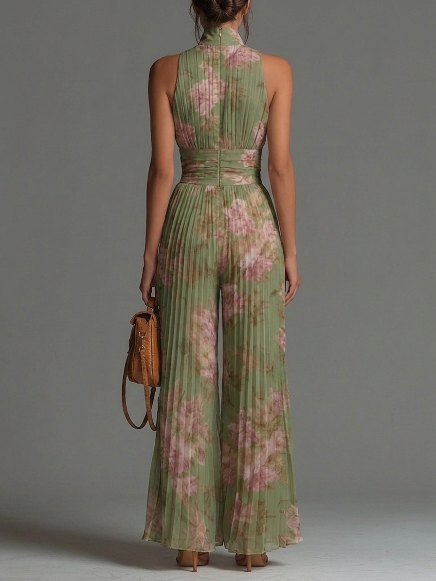 Tuta in chiffon verde con stampa floreale, scollo a V, senza maniche, con zip, plissettata, a palazzo