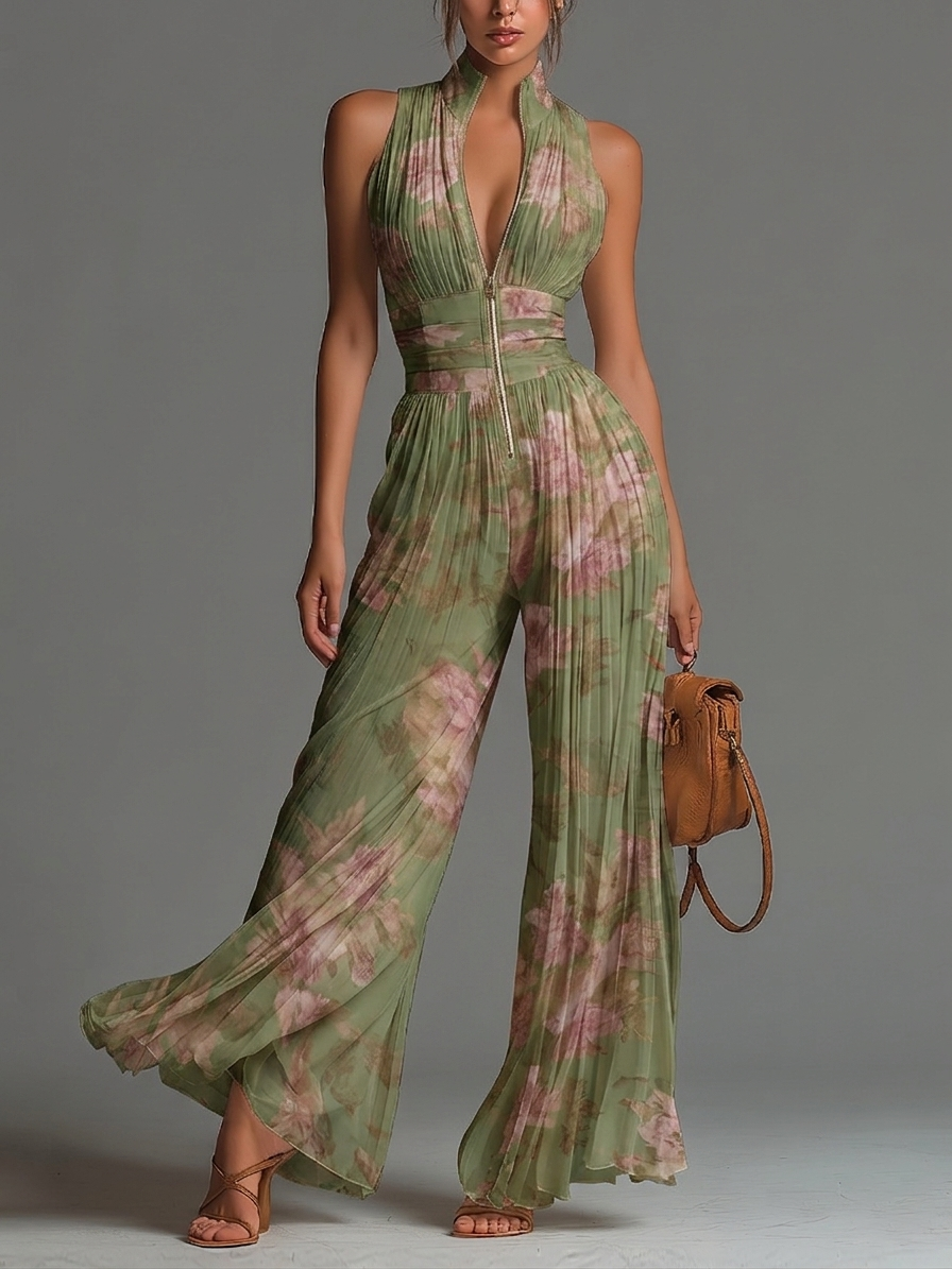 Tuta in chiffon verde con stampa floreale, scollo a V, senza maniche, con zip, plissettata, a palazzo
