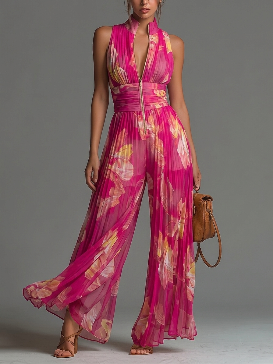 Tuta Zsófia | Chiffon plissettato fucsia con motivo floreale • S1