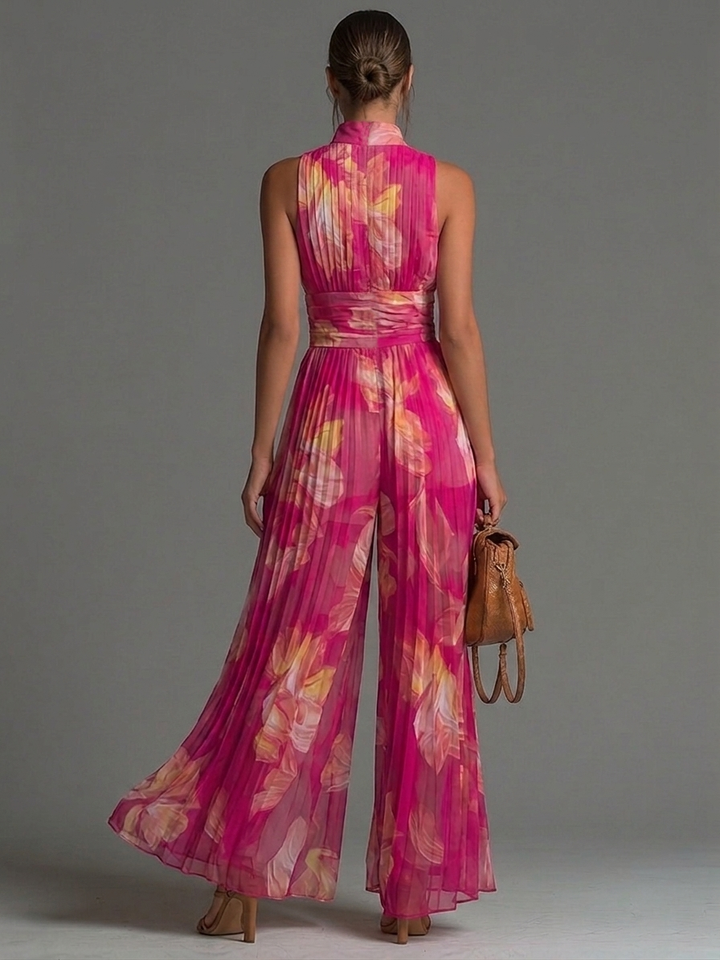 Tuta Zsófia | Chiffon plissettato fucsia con motivo floreale • S1