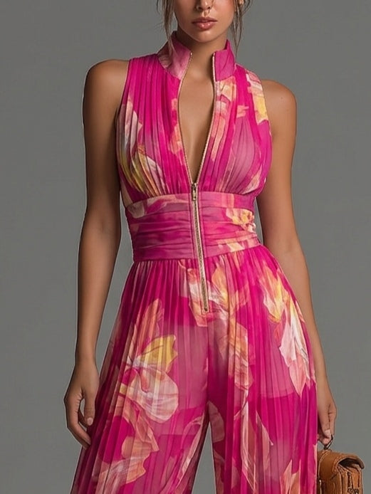 Tuta fucsia a fiori in chiffon, senza maniche, con zip e gamba larga