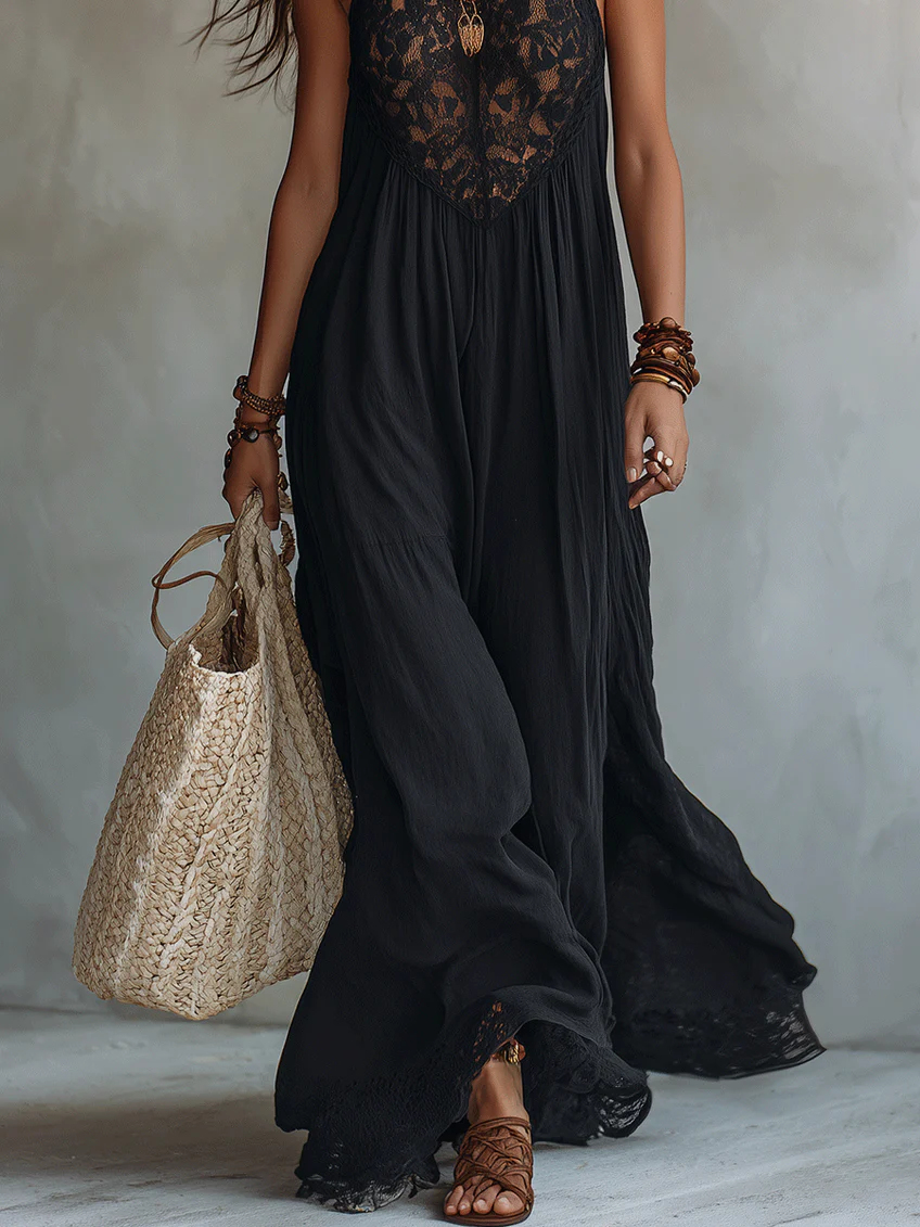 Vestito lungo bohemiano nero senza maniche con bordi in pizzo