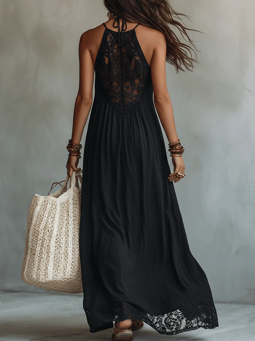 Vestito lungo bohemiano nero senza maniche con bordi in pizzo